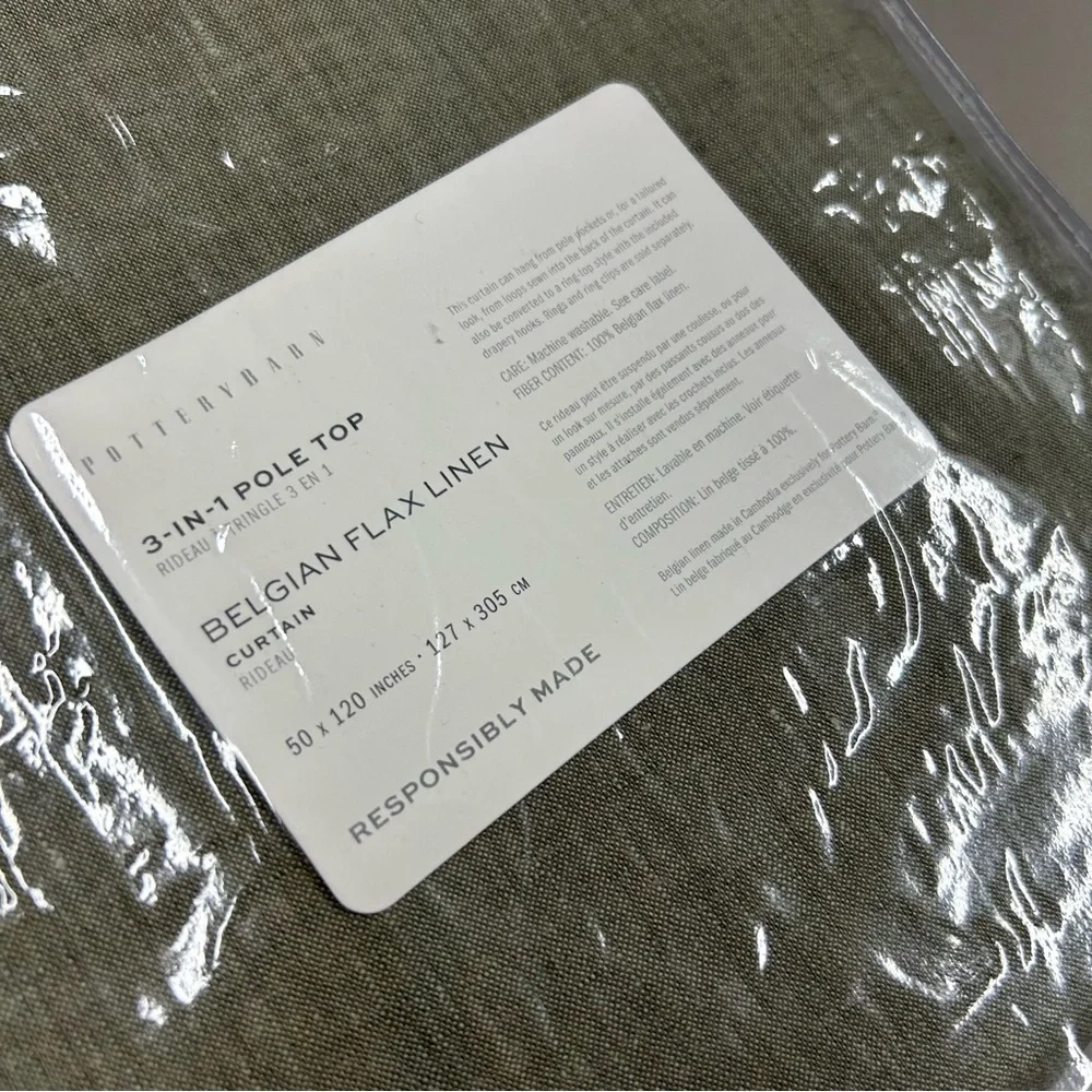 Pottery Barn Belgian Flax Linen Unlined Curtain Window Panel Loden Green 50x 120